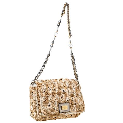 Dolce and Gabbana Beige Raffia Miss Charles Flap Shoulder 